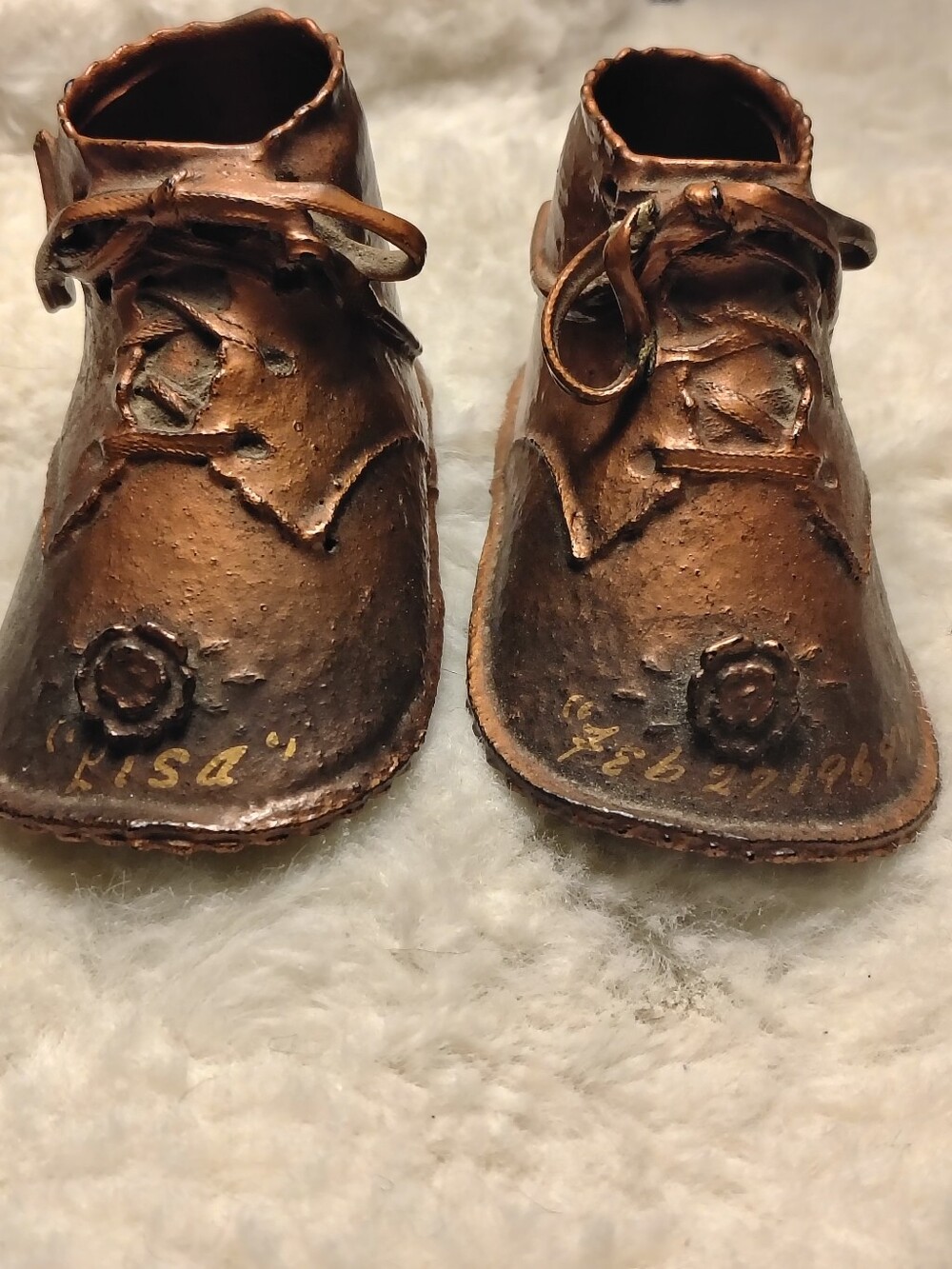 Vintage/Historic Bronze Dip Baby Shoes Personalized Inscription "Lisa" 2/27/1964